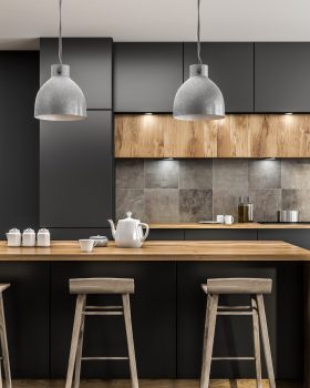 Modern kitchen interior with gray walls, tiled floor, gray countertops and wooden bar with stools. 3d rendering